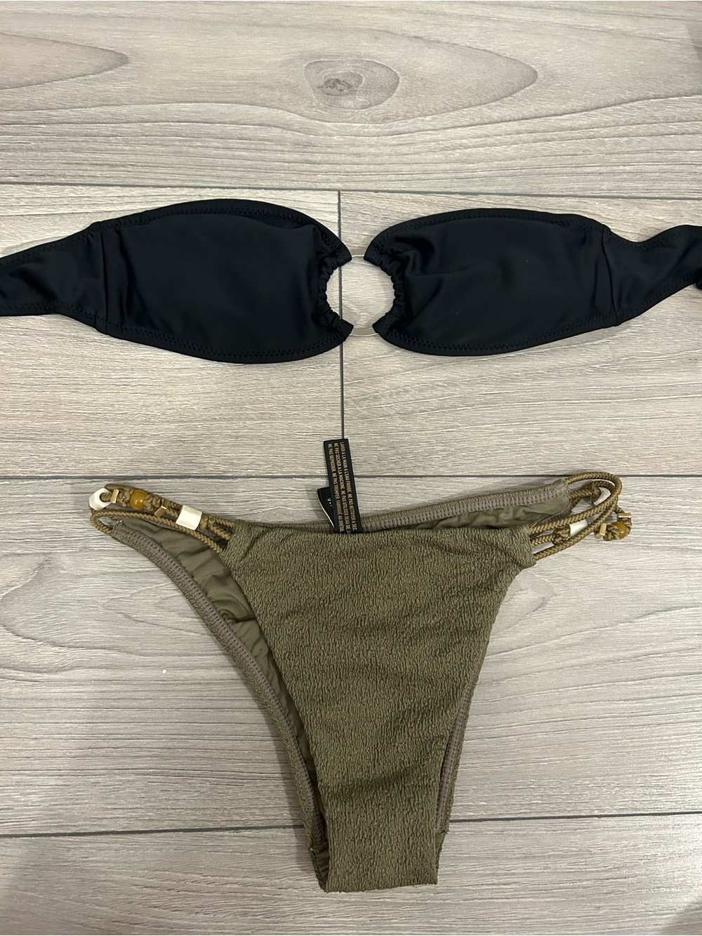 MINKPINK Black Bandeau Top with Olive Green Textured Bikini Bottom